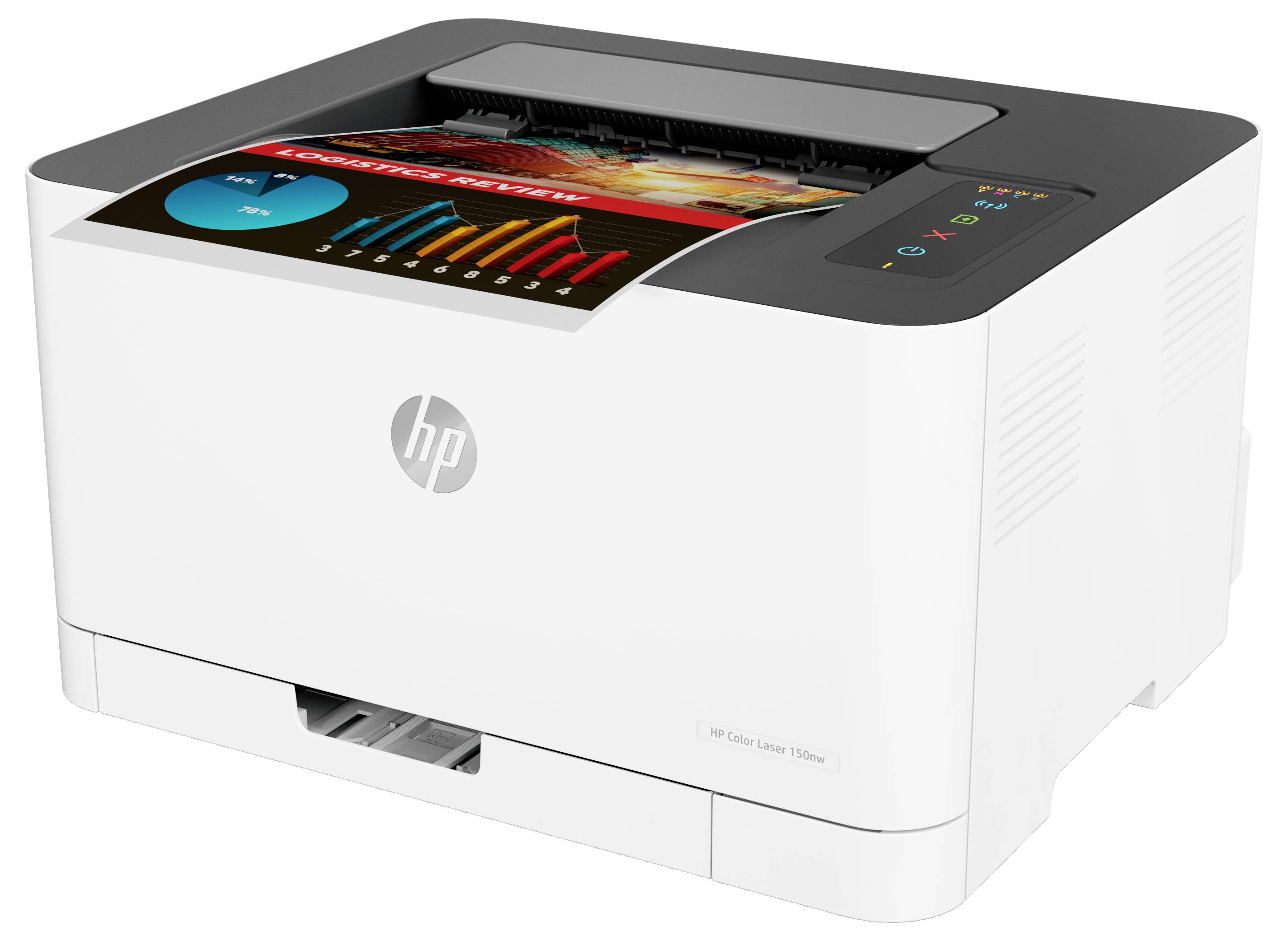 Biela tlačiareň HP Color LaserJet zobrazená v troch-štvrtovom pohľade s viditeľným vytlačeným farebným meradlom v zásobníku výstupu.