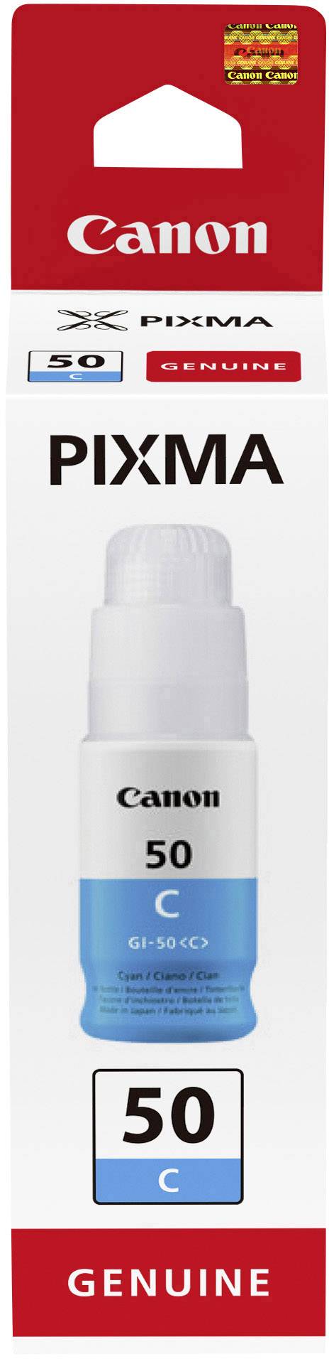 Atramentová fľaša Canon PIXMA G-50C v modrej farbe, odporúčaná pre farebné tlačiarne. Balenie zobrazuje obrázok produktu a logo značky.