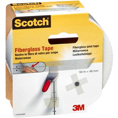Balenie sklenenej lepiacej pásky Scotch Fiberglass Tape od 3M, 50 m x 48 mm. Obrázok znázorňuje použitie na trhliny. Obsahuje štyri jazyky.