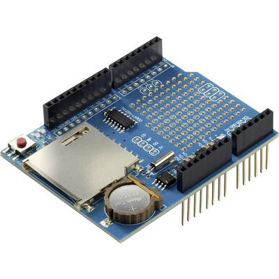Modrý elektronický modul s batériou, SD kartový slot a pripájacími kolíkmi, používaný pre prototypovú výrobu a rozšírenie úložnej kapacity.
