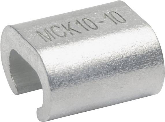 Kovová káblová svorka s nápisom 'MCK10-10', valcovitého tvaru, slúži na upevnenie a prepojenie káblov.