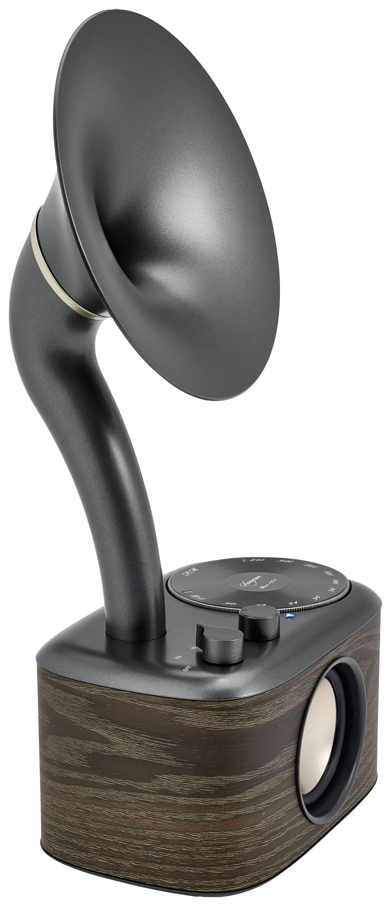 Moderný bluetooth reproduktor v retro dizajne s dreveným vzhľadom a tvarovaným reproduktorom v tvare trichtera, vhodný pre štýlové hudobné večery.