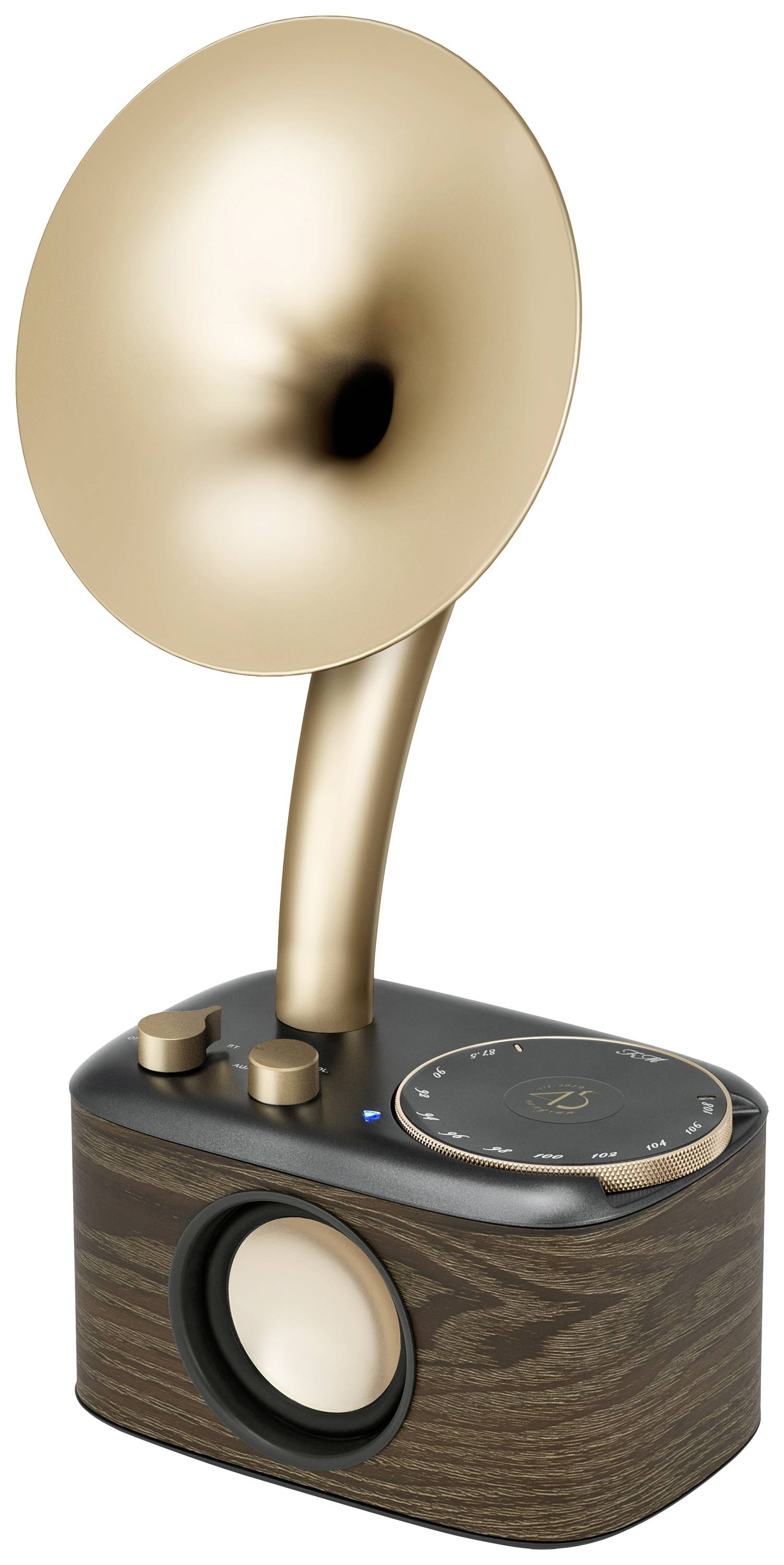 Prenosný bluetooth reproduktor v retro štýle so zlatoutrúbkou a dreveným dizajnom, ktorý kombinuje modernú technológiu s vintage estetikou.