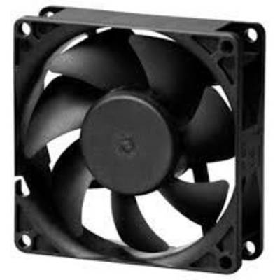 Čierny počítačový ventilátor s piatimi lopatkami v štvorcovom ráme, vhodný pre chladiace systémy v počítačoch a elektronike.