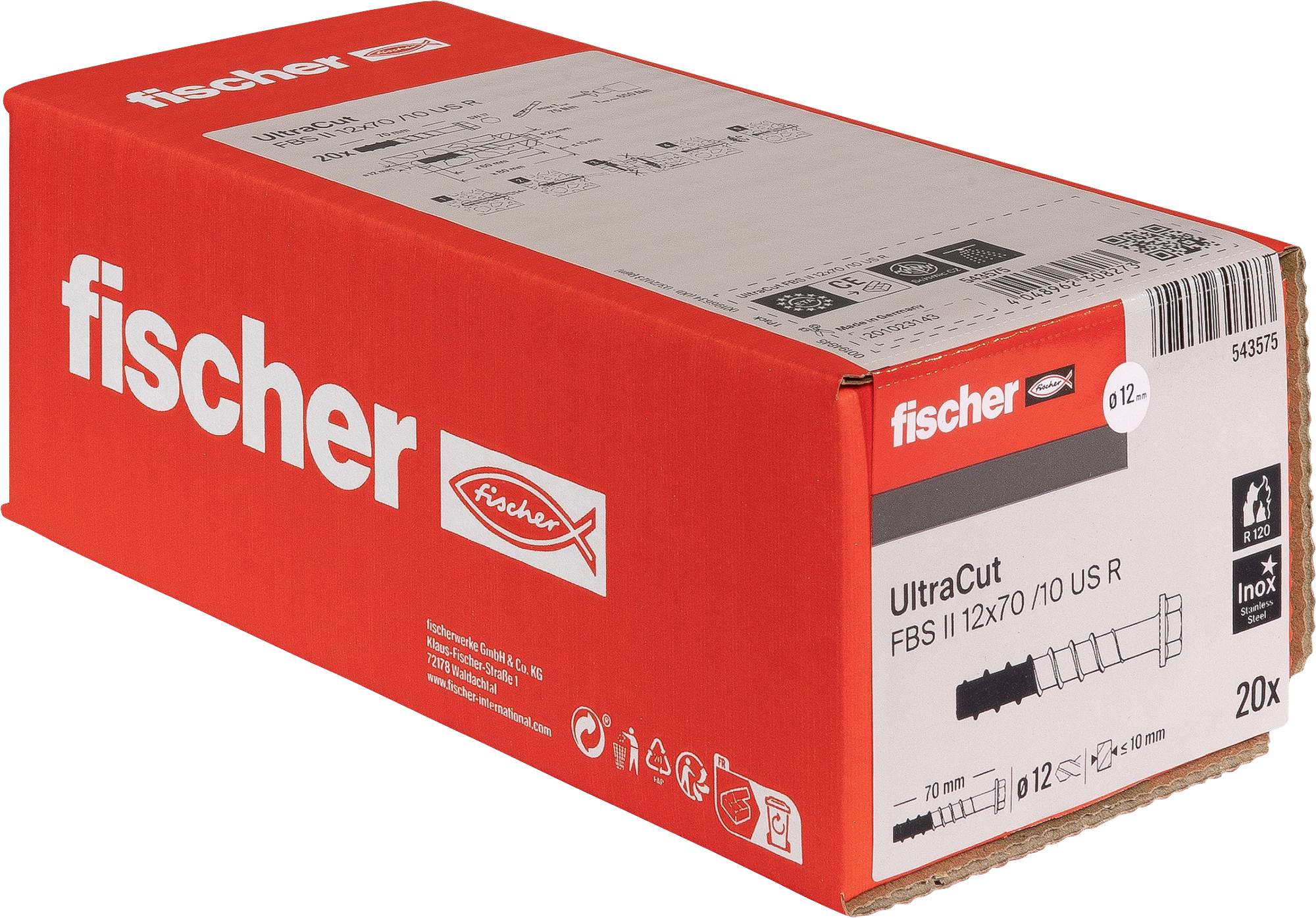 Červená krabička kotevných prvkov fischer Ultratcut FBS II 12x70/10 US R, zobrazená na bielom pozadí s označením produktu a množstvom 20x.