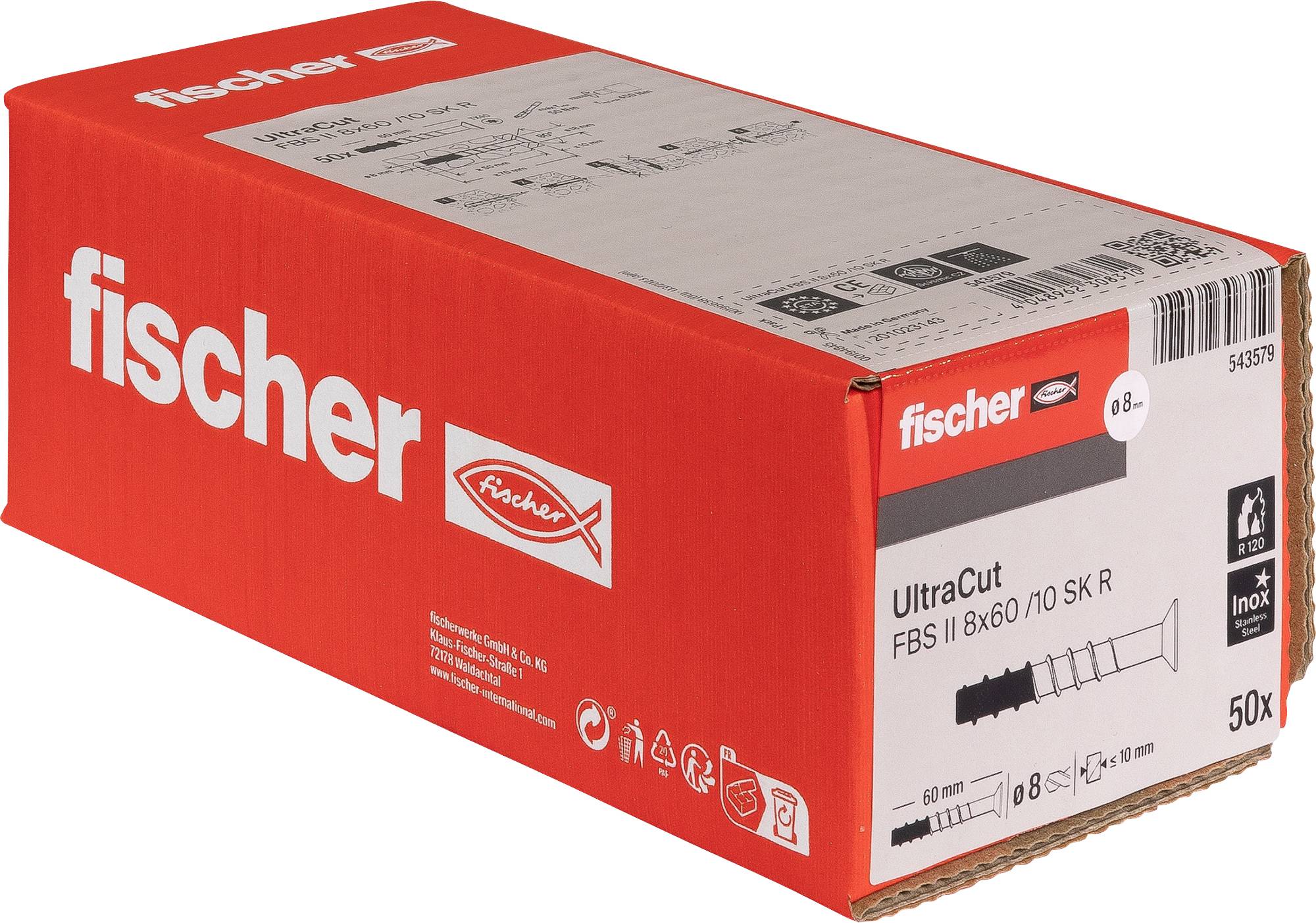 Červená škatuľa Fischer s betónovými skrutkami fischer UltraCut FBS II 8x60/10 SK R, označená 50x, zobrazená na bielom pozadí.