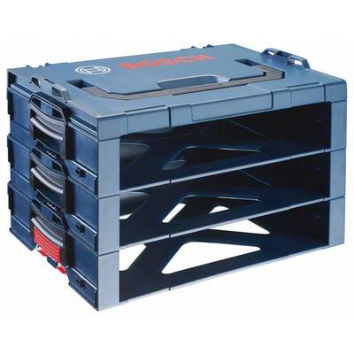 Modrý Bosch L-Boxx v stohovateľnom držiaku s tromi priehradkami, každá priehradka obsahuje L-Boxx kufor. Vhodné na organizáciu náradia.