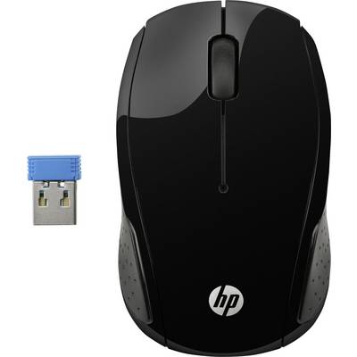 Čierna bezdrôtová počítačová myš s logom HP, vedľa ktorej je malý USB prijímač s modrou čiapočkou.