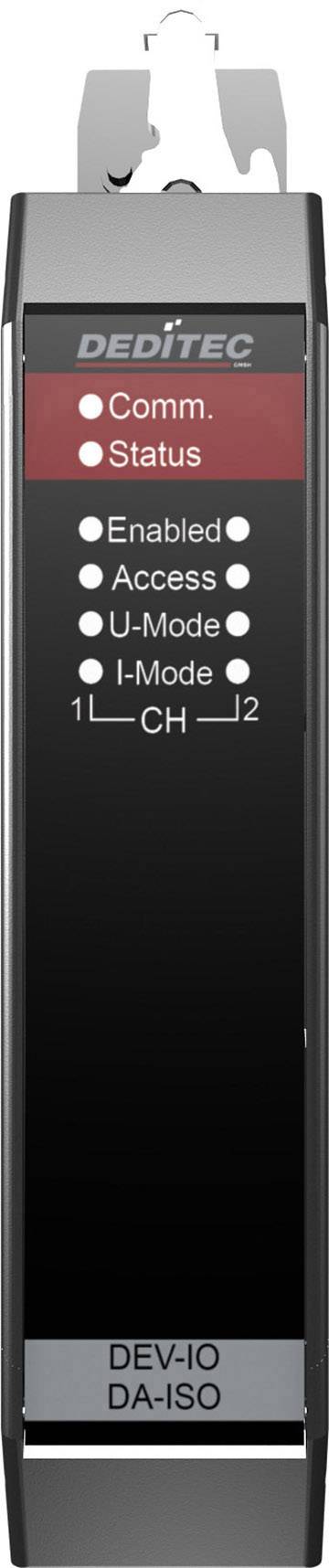 'DEDITEC DEV-IO DA-ISO' zariadenie s LED indikátormi pre komunikáciu, stav, aktiváciu, prístup, U-Mode, I-Mode, kanál 1 a 2.