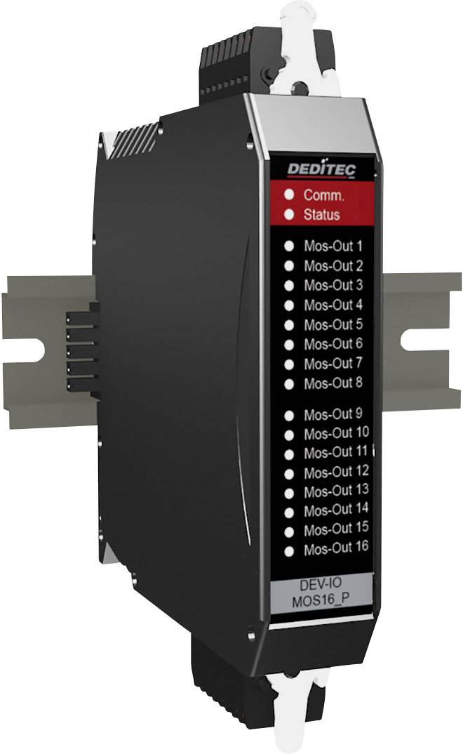 Elektronické zariadenie so 16 výstupmi, označenými ako 'Mos-Out 1' až 'Mos-Out 16'. Disponuje stavovými LED indikátormi pre komunikáciu a stav zariadenia.