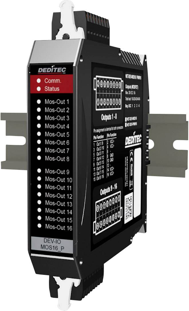 Priemyselný elektronický modul s viacerými možnosťami pripojenia, červeným indikátorom 'Comm.' a zeleným indikátorom 'Status'. Namontovaný na DIN lište.