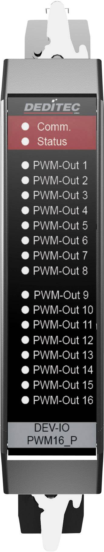 Úzke zariadenie s 16 PWM výstupmi, indikátormi stavu a komunikácie, označené ako DEV-IO PWM16_P od spoločnosti DEDITEK.