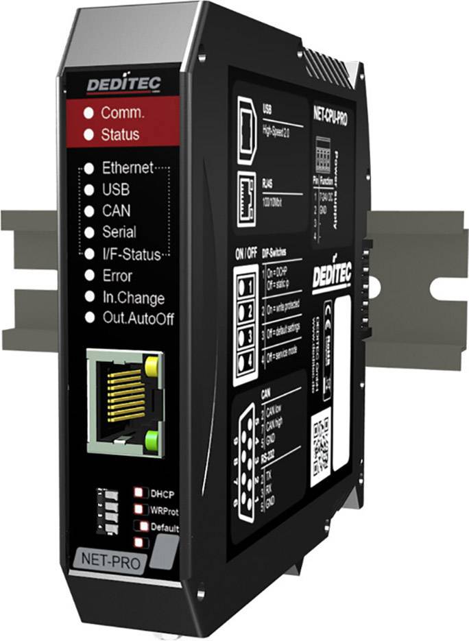 Priemyselné počítače s ethernetovým, USB, CAN a sériovým rozhraním. LED indikátory stavu a konektivity.