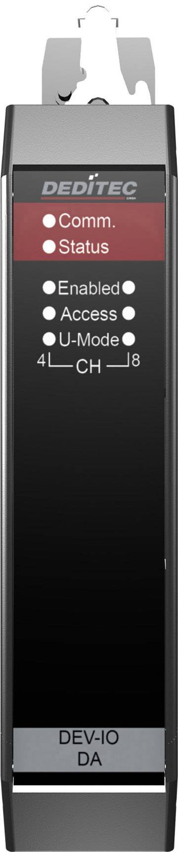 Čierne elektronické zariadenie s červenými a bielymi indikačnými LED pre 'Comm.', 'Status', 'Enabled', 'Access', 'U-Mode'; štítok 'DEV-IO DA'.