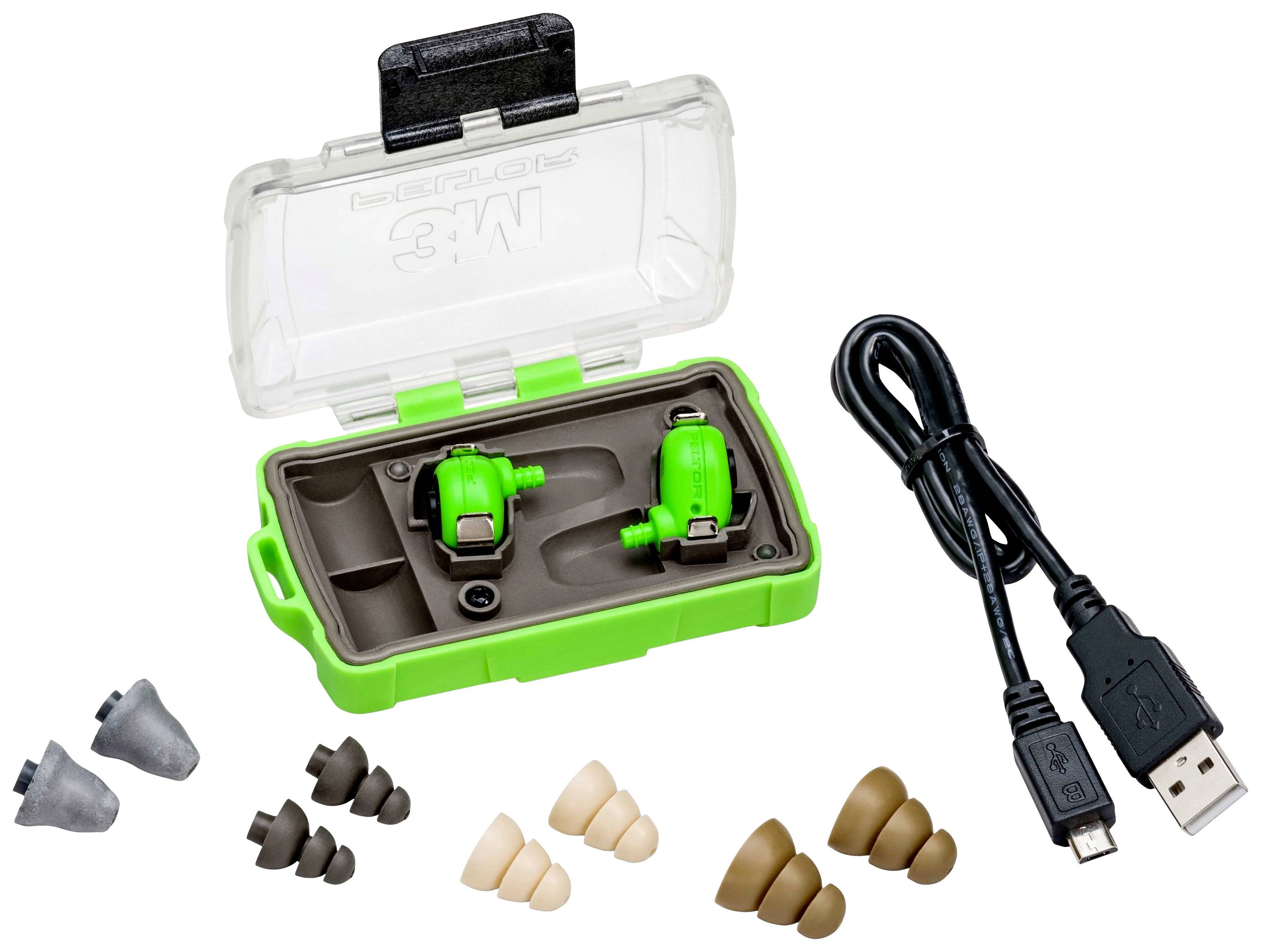 Zelené púzdro s dvoma in-ear slúchadlami, USB káblom a rôznymi nástavcami do uší v rôznych veľkostiach a farbách.