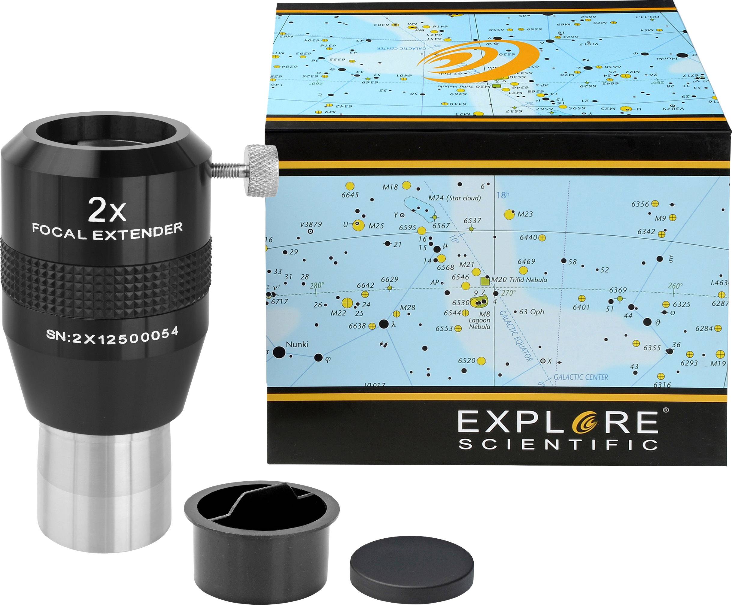 Teleskopové príslušenstvo s 2x ohniskovým predĺžením, box s motívom hviezdnej mapy a značkou 'Explore Scientific'. Ideálne pre nadšencov astronómie.