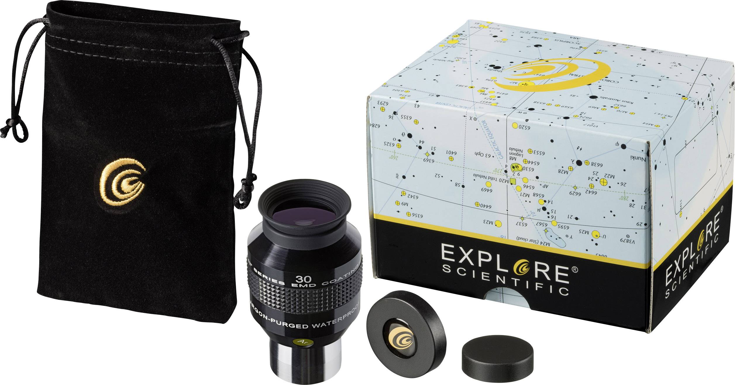 Astronomická sada okulárov od Explore Scientific vrátane balenia, ochranného obalu a dvoch krytiek, vhodná pre teleskopy.