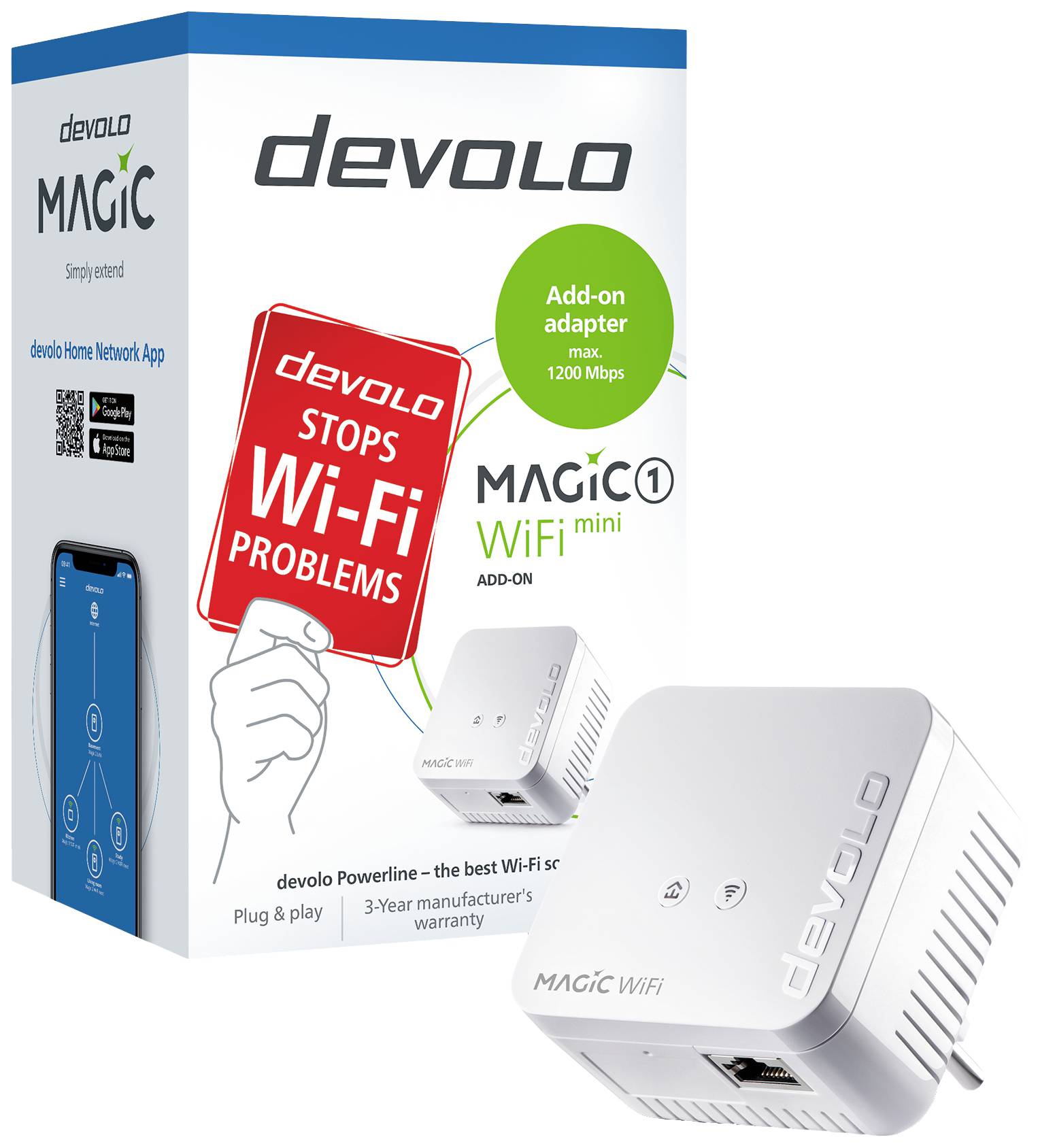 Biely WLAN adaptér od spoločnosti Devolo v obale. Na obale je uvedené 'Zastavuje problémy s Wi-Fi'. Adaptér ponúka až 1200 Mbps.