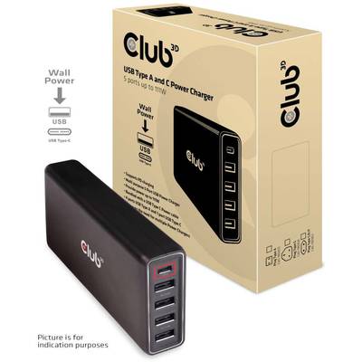 Balenie nabíjačky 'Club3D USB Type A a C Power Charger' s piatimi USB portmi. Obrázok znázorňuje nabíjačku a jej originálne balenie.