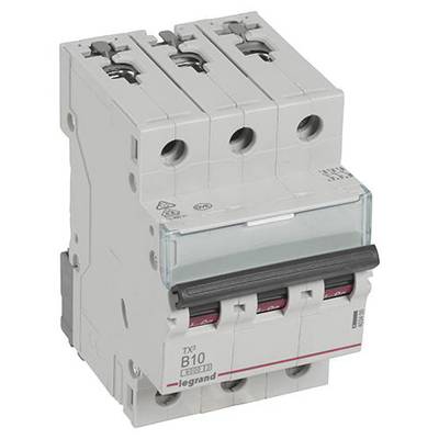 Trojpólový ochranný istič s nápisom 'TX3 B10'. Používa sa na ochranu elektrických obvodov.