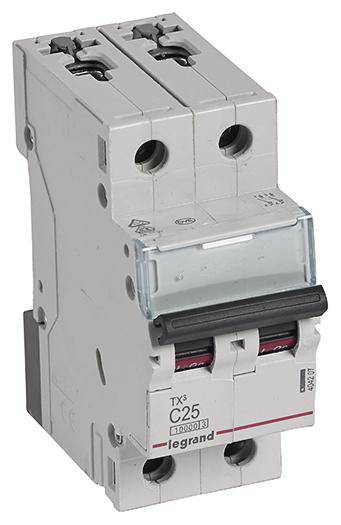 Dvojpólový výkonový istič, model TX³ C25, od značky Legrand. Slúži na zabezpečenie elektrických obvodov.