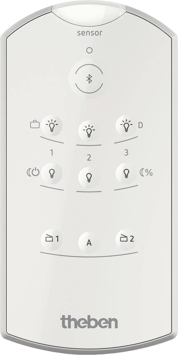 Biela diaľkový ovládač s tlačidlami pre senzor, Bluetooth a ovládanie svetla. Značka 'theben' dole. Primárne určený na ovládanie osvetlenia.