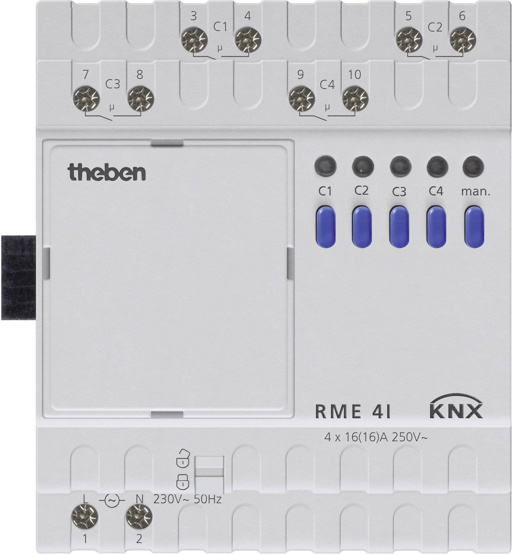 KNX spínací aktor od spoločnosti Theben, typ RME 4I, so štyrmi modrými tlačidlami C1 až C4 a manuálnym prepínačom. Navrhnutý pre 230V~ 50Hz.