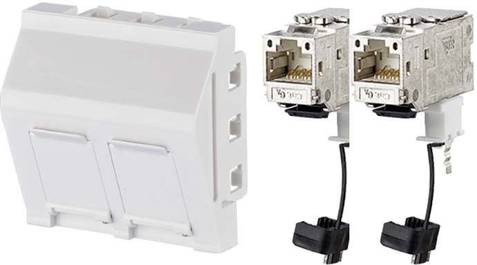 Dva béžové moduly s kovovými konektormi a káblovými prepojeniami, vhodné pre sieťové inštalácie.