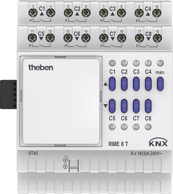 KNX spínací aktor s ôsmimi kanálmi na ovládanie elektrických záťaží. Značka 'Theben', označenie produktu 'RME 8 T'.