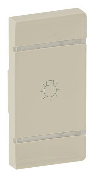 Vypínač so symbolom žiarovky. Béžovej farby, obdĺžnikového tvaru, s dvomi striebornými pruhmi hore a dole.
