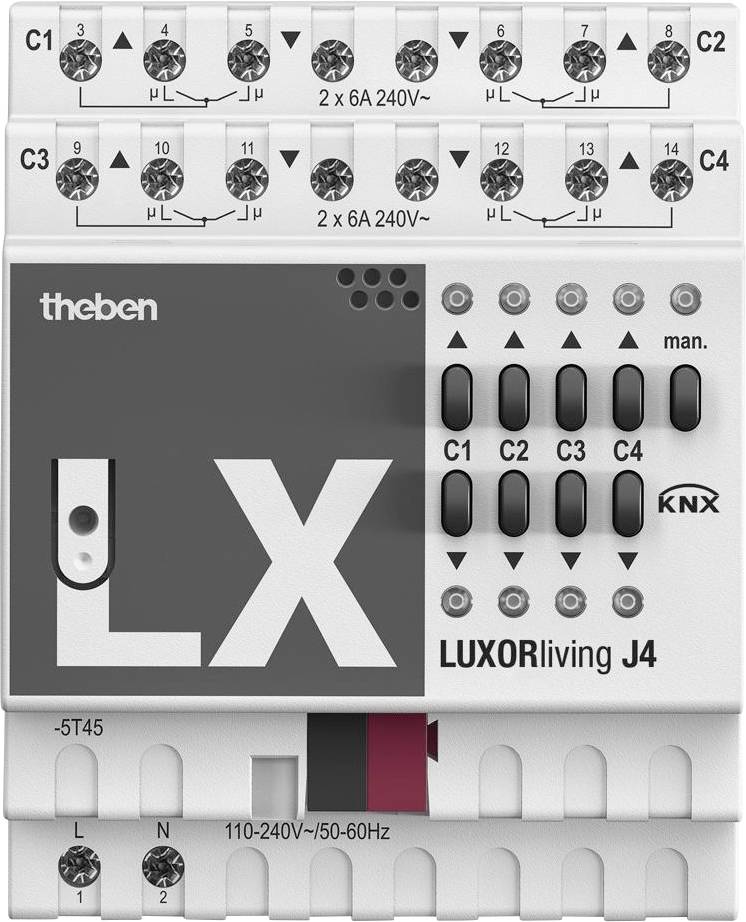 Obrázok znázorňuje zariadenie LX LUXORliving J4 od spoločnosti Theben. Má niekoľko tlačidiel a pripájacie svorky. Vhodné pre napätie 110-240V/50-60Hz.