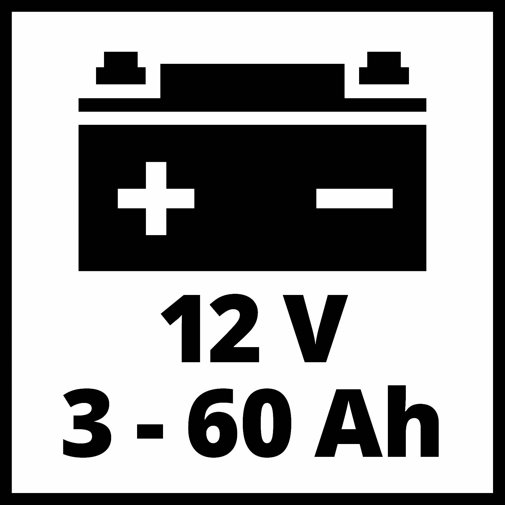 '12 V 3 - 60 Ah' v čiernom texte na bielom pozadí, symbol autobatérie s kladným a záporným znakom nad ňou.