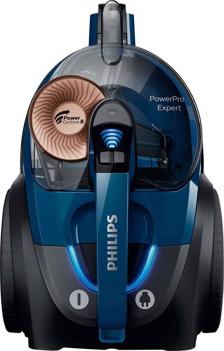 Modrý bezvreckový vysávač Philips PowerPro Expert s cyklónovou technológiou, čiernym krytom a medenými prvkami.