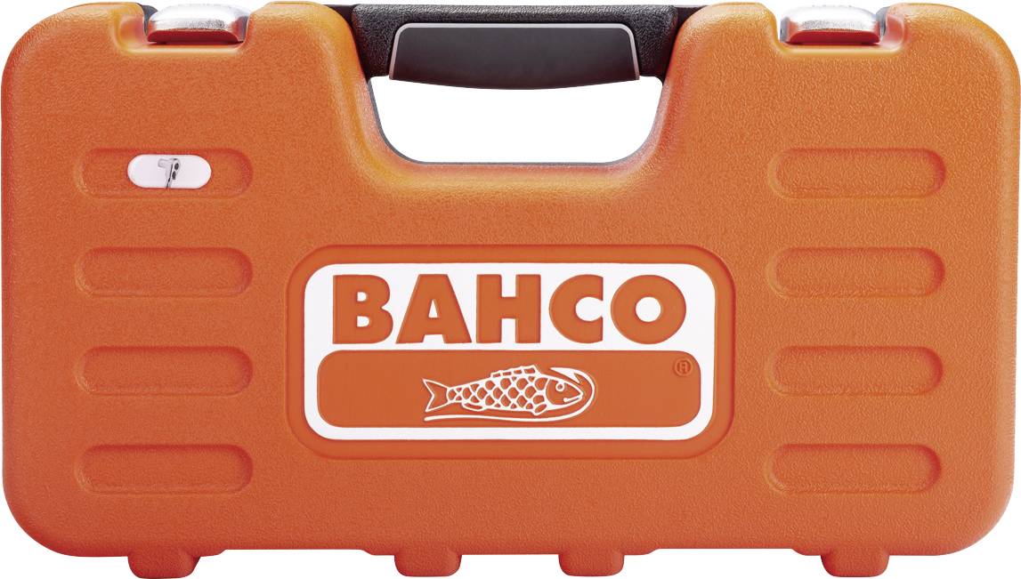 Oranžový kufrík na náradie s nápisom 'BAHCO' a logom ryby. Kufrík má čiernu rukoväť.