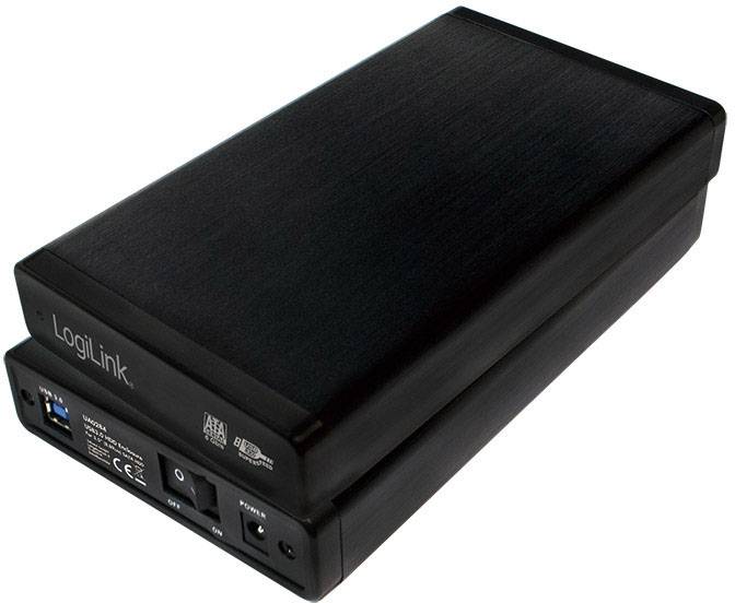 Externý box na pevný disk v čiernej farbe, s logom 'LogiLink' na prednej strane, viacerými portmi a sieťovým vypínačom na zadnej strane.