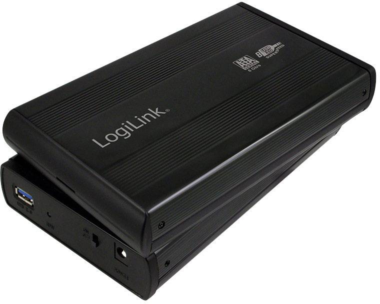 Externý box na pevný disk od LogiLink z čierneho plastu, s rozhraním USB 3.0 a vetracími otvormi.
