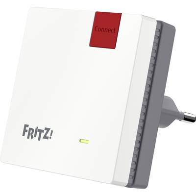 Bezdrôtový repeater FRITZ! so sieťovou zástrčkou, biely kryt, červené tlačidlo 'Connect' a žltá LED indikácia.
