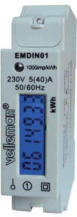 Jednofázový elektromer značky Velleman, 230V, 5(40)A, 50/60Hz. Displej ukazuje '0,00 kWh'.