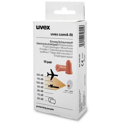 Balenie s 15 pármi jednorazových penových chráničov sluchu, ilustrujúcich hodnoty ochrany pred hlukom od 100 dB do 120 dB. Značka: uvex.