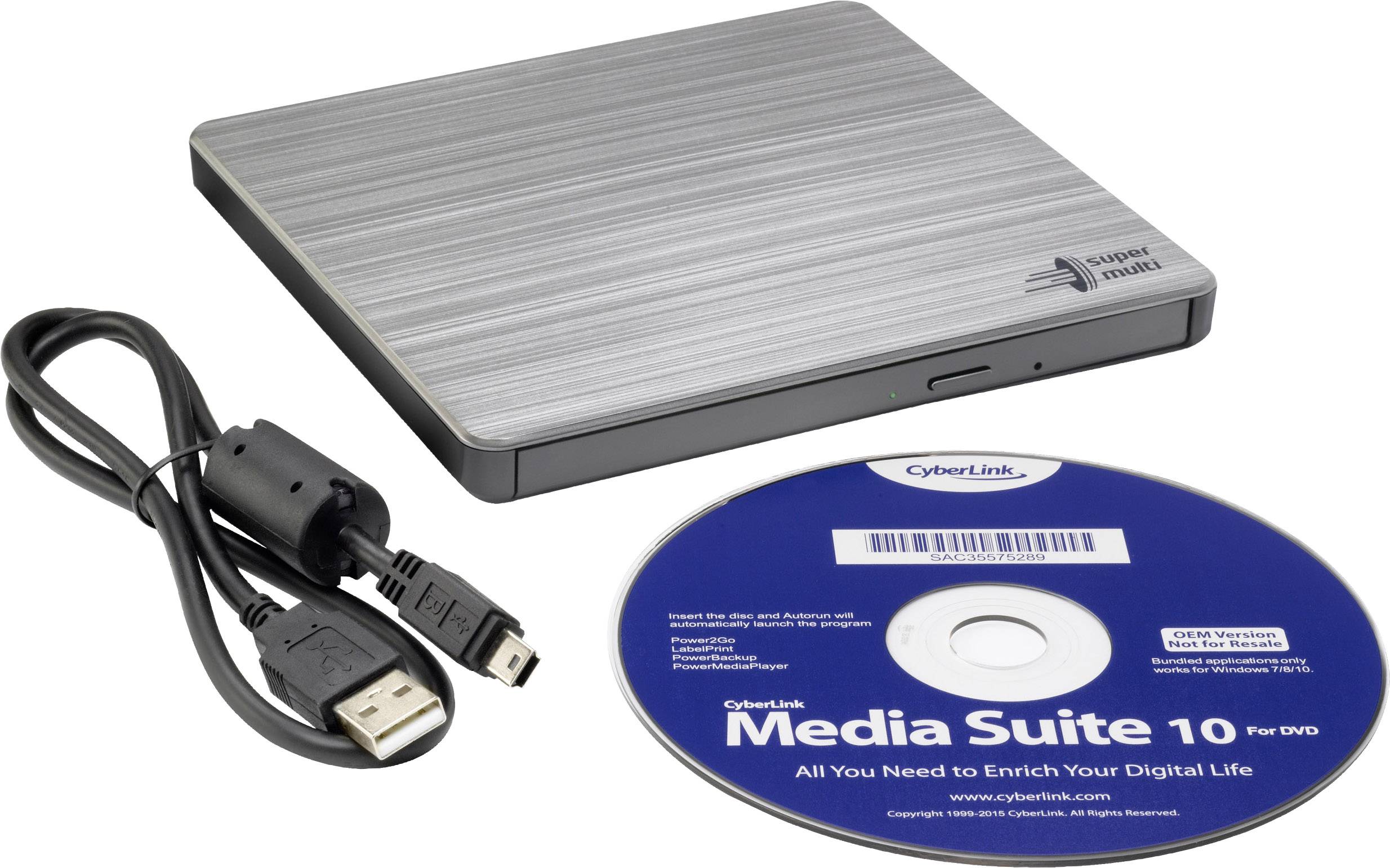 Externý DVD vypaľovač s USB káblom a CD diskom s nápisom 'Media Suite 10'. Ideálny na zálohovanie dát a prehrávanie médií.