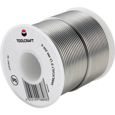 Spájkovací drôt značky TOOLCRAFT, priemer 1,5 mm, hmotnosť 250 g, bez olova. Dokonalý pre elektronické spájkovacie práce.