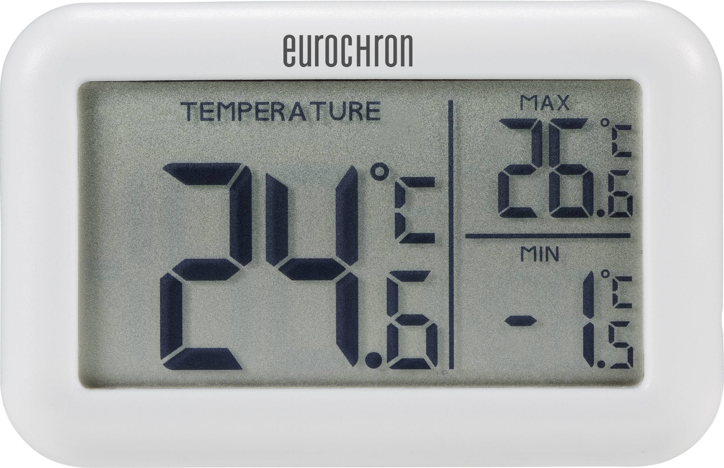 Digitálny teplomer ukazuje aktuálnu teplotu 24,6°C. Maximálna a minimálna hodnota: 26,6°C a -1,5°C.