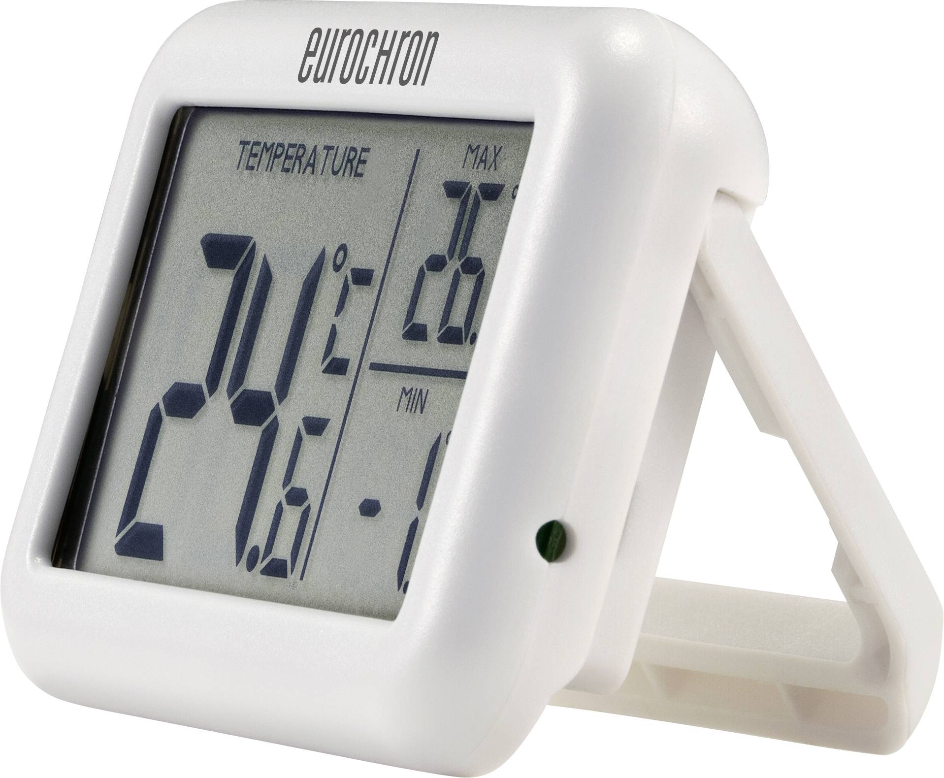 Biele digitálne teplomery ukazuje teplotu miestnosti 24,6°C. Maximálne a minimálne hodnoty sú tiež zobrazené.
