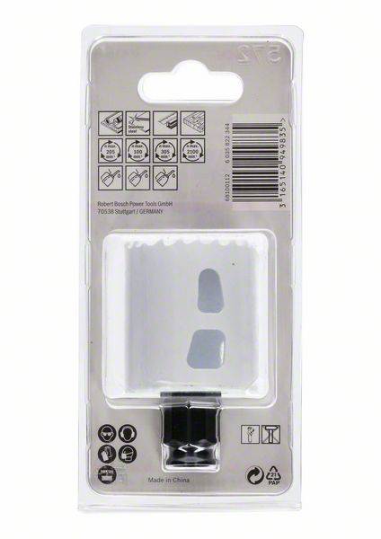 Obal nástavca dierkovej píly s viacerými symbolmi použitia a špecifikácií. Obsahuje piktogramy návodu na obsluhu.