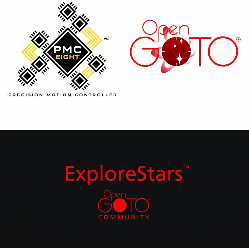 Tri logá: Hore vľavo 'PMC-Eight', presný ovládač pohybu; hore vpravo 'Open GOTO', dole 'ExploreStars Open GOTO Community'.