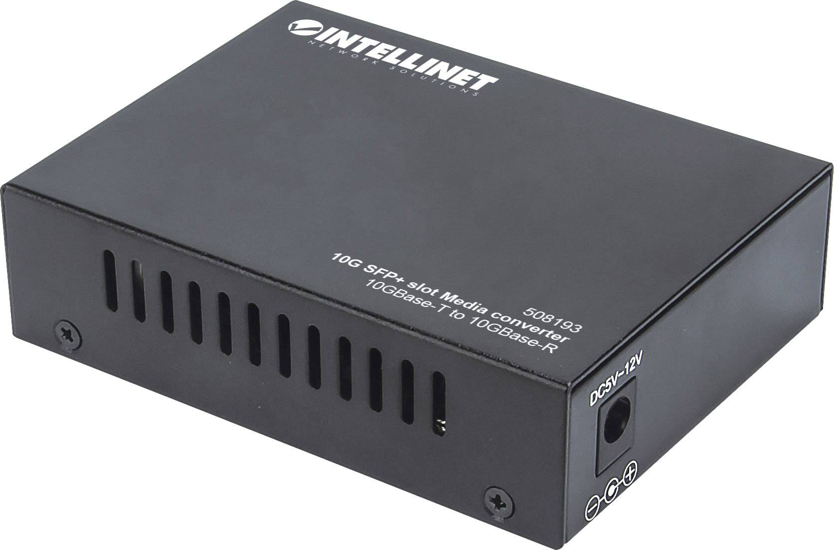 Čierny 10G SFP+ mediálny konvertor s logom Intellinet, vhodný na konverziu z 10GBase-T na 10GBase-R.