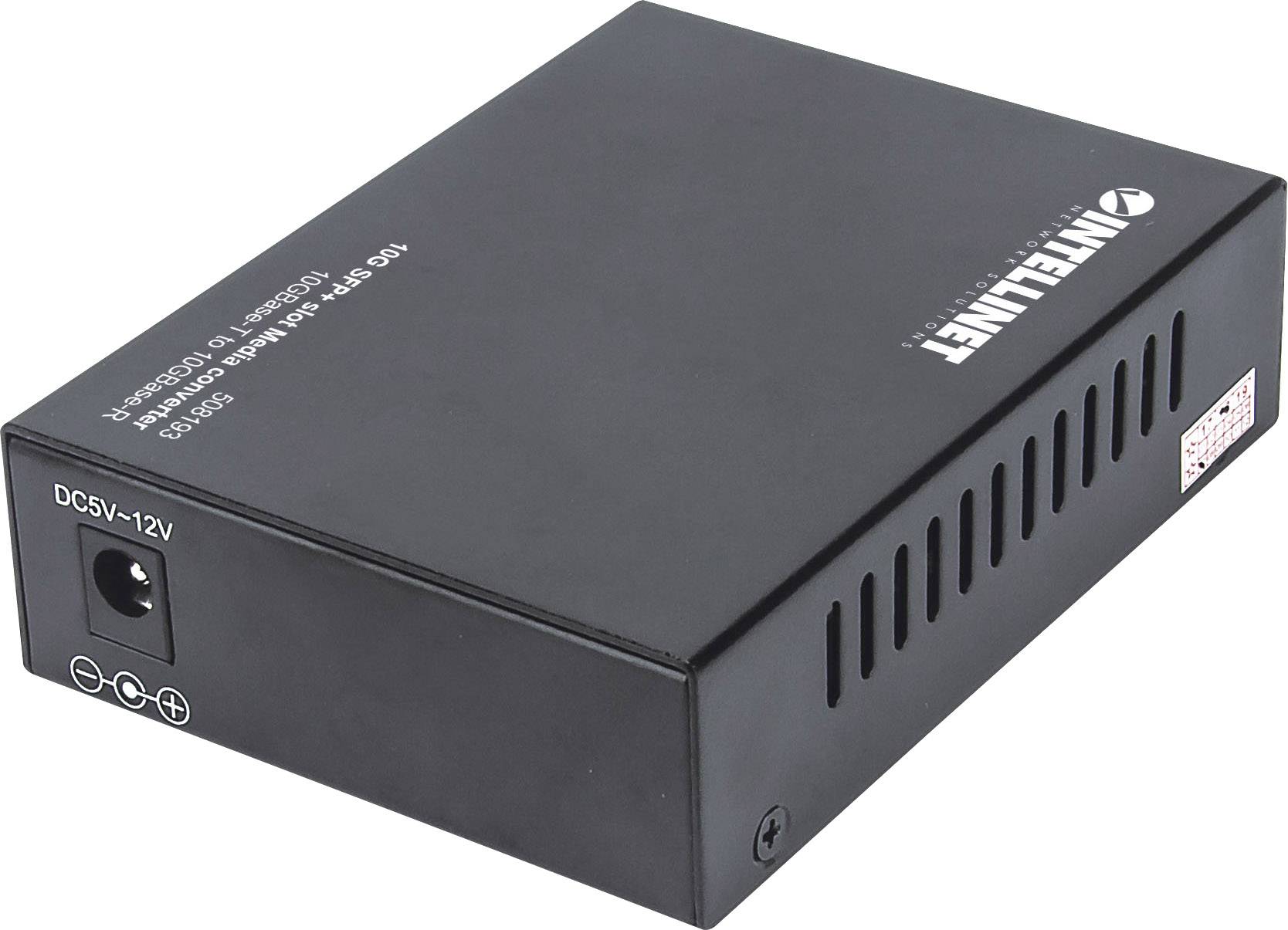 Čierna kovová schránka s logom 'INTELLINET', konektory pre DC5V-12V. Kompaktné zariadenie určené na distribúciu sieťového pripojenia alebo elektrickej energie.