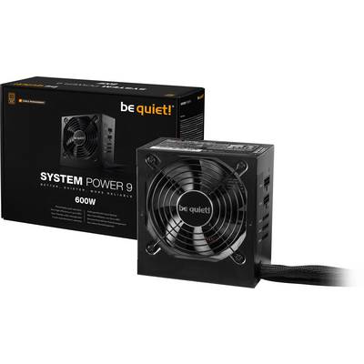 "Ticho! SYSTEM POWER 9" napájací zdroj s výkonom 600W. Čierna skrinka, ventilátor vpredu. Balenie v pozadí zobrazuje špecifikácie.