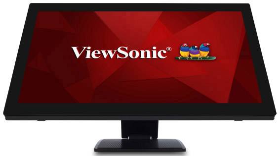 Počítačový monitor s červeným pozadím obrazovky a logom 'ViewSonic' v bielom písme a tromi štylizovanými vtákmi.
