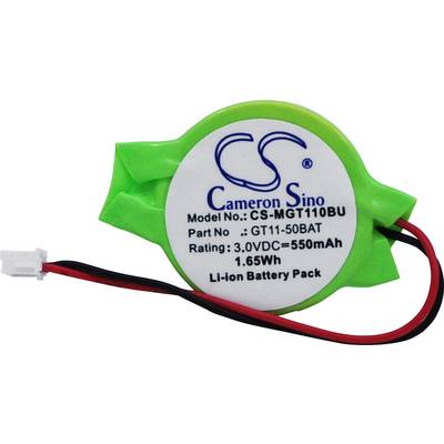 Zelený Li-iónový akumulátor s nálepkou: 'Cameron Sino, Model: CS-MGT110BU, Napätie: 3,0 V, Kapacita: 550 mAh, Energia: 1,65 Wh'.